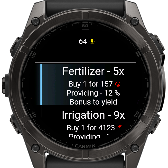 StepFarmer upgrade menu on a Garmin watch